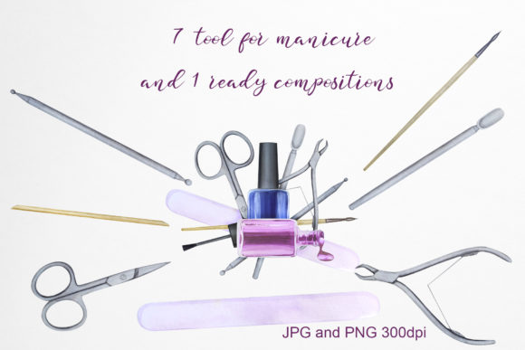 Watercolor Manicure Tools Set and Illustrations
